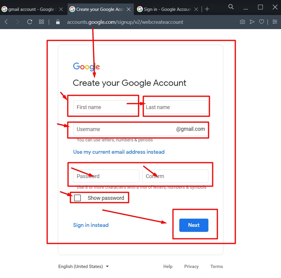 Gmail account opening step 2